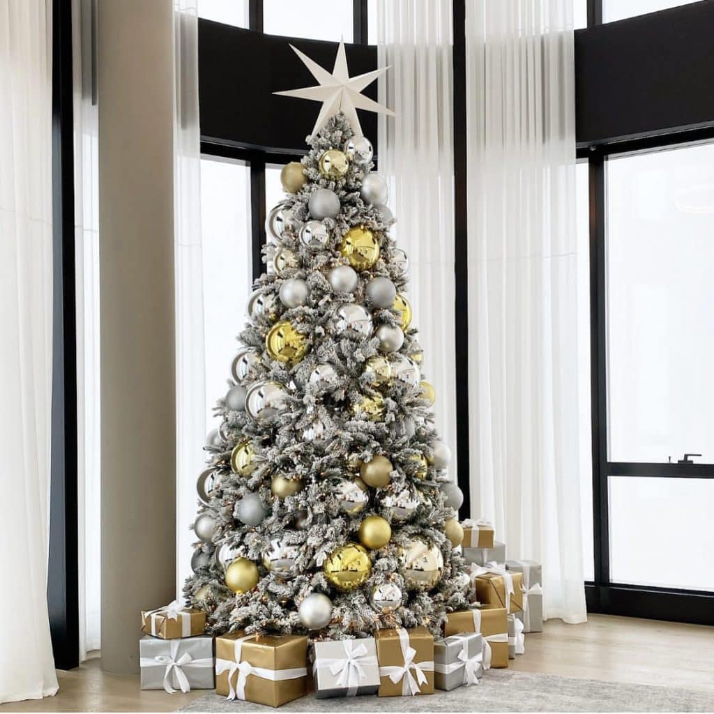 silver christmas tree with decorations