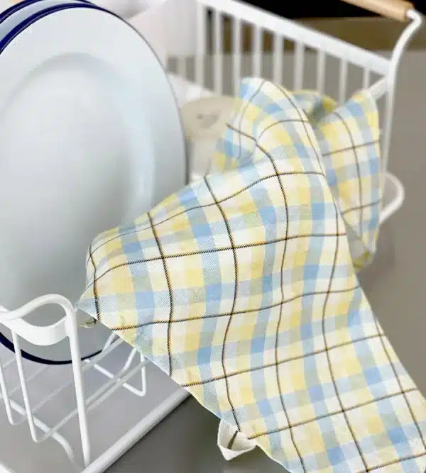FATHER RABBIT - Butter Tartan Linen Tea Towel - Image 2