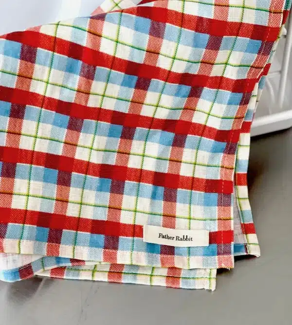 FATHER RABBIT - Cherry + Blue Tartan Linen Tea Towel - Image 2