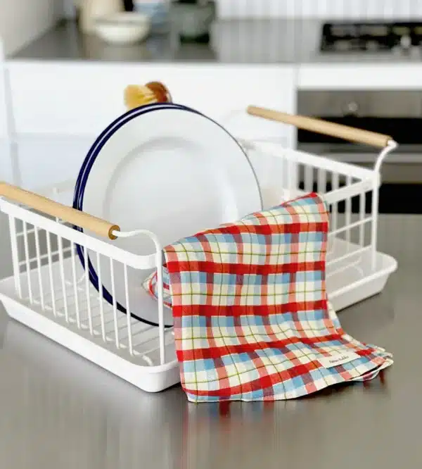 FATHER RABBIT - Cherry + Blue Tartan Linen Tea Towel - Image 3