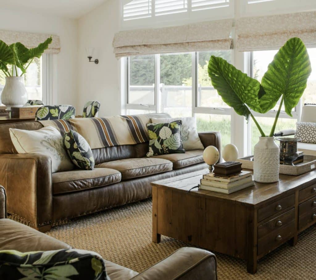 Leather sofa with botanical cushions and large leaf decor styled by JACKA DESIGN